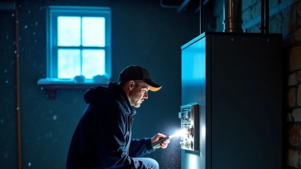 Technician with a flashlight checking a boiler in a Westchester County basement on a snowy winter night