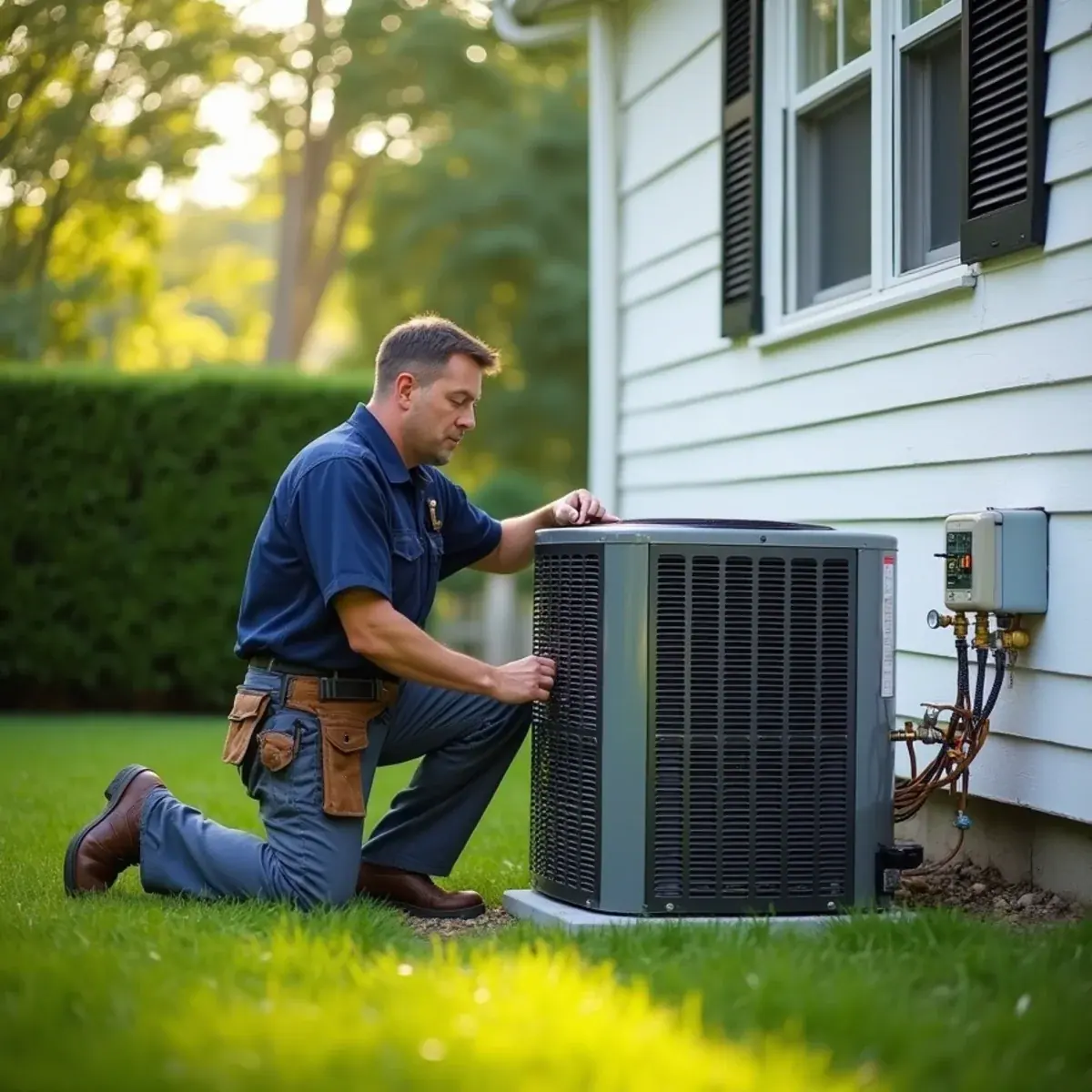 HVAC technician servicing a central air conditioner outside a colonial home in White Plains, NY